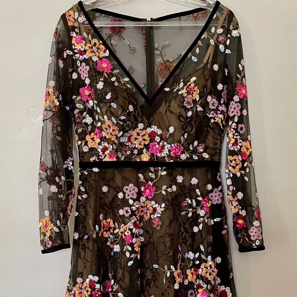 Black Floral Sequins Dress With Velvet Trim